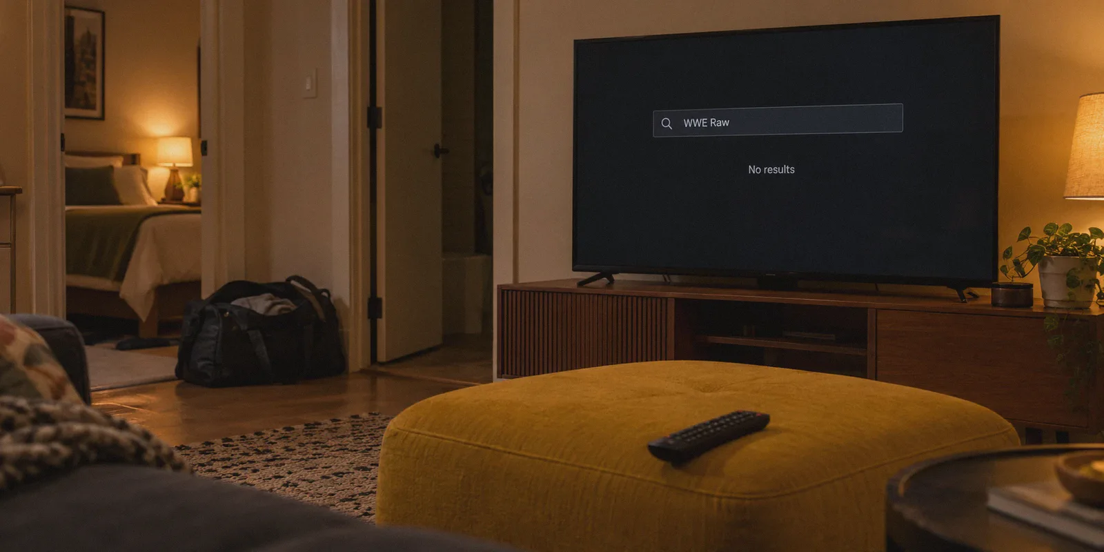 A travel apartment television with no WWE Raw search results.