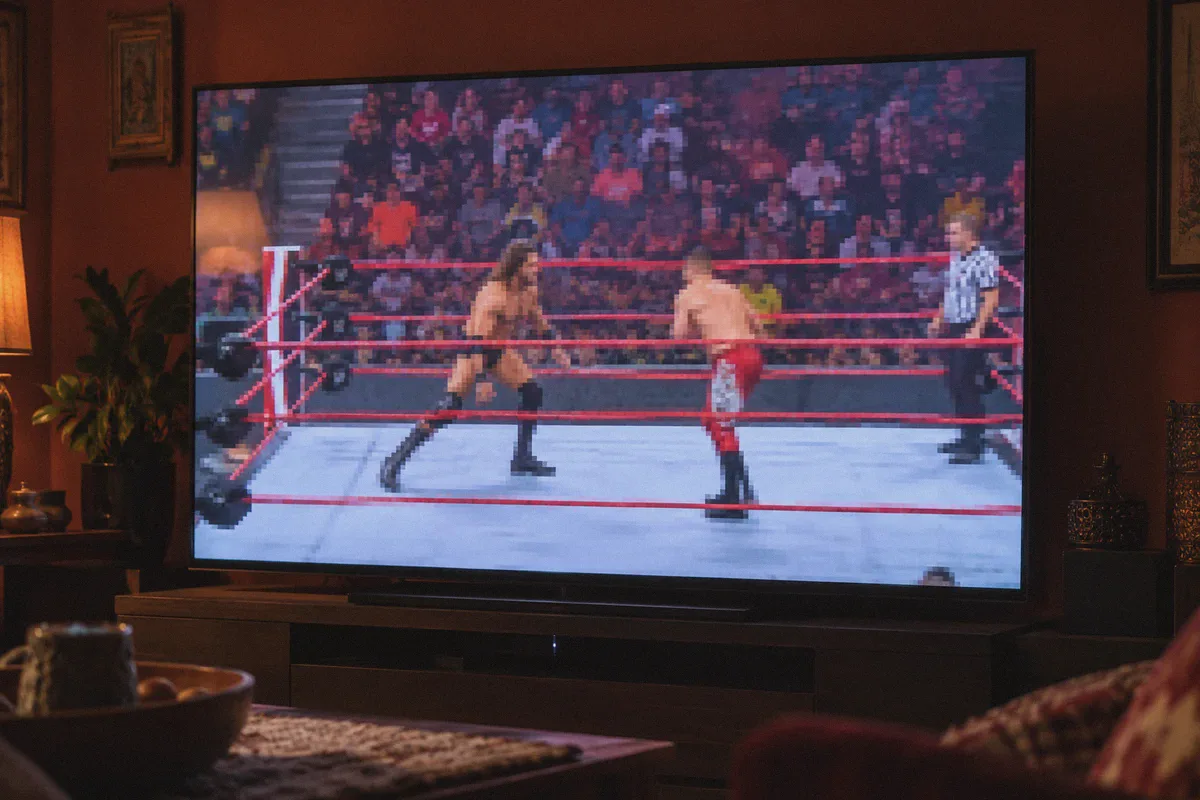 A television showing a degraded live wrestling broadcast.
