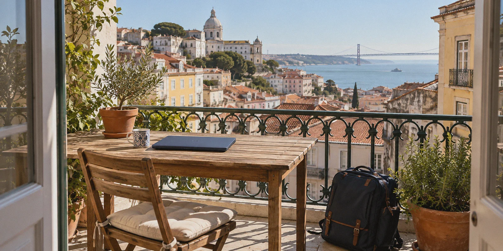 A quiet Lisbon rental balcony overlooking tiled rooftops and weathered pastel facades, a simple empty work table with a closed navy laptop and travel bag, clear mild morning light, natural 35mm view from doorway, no people, no router closeup, no graphic elements
