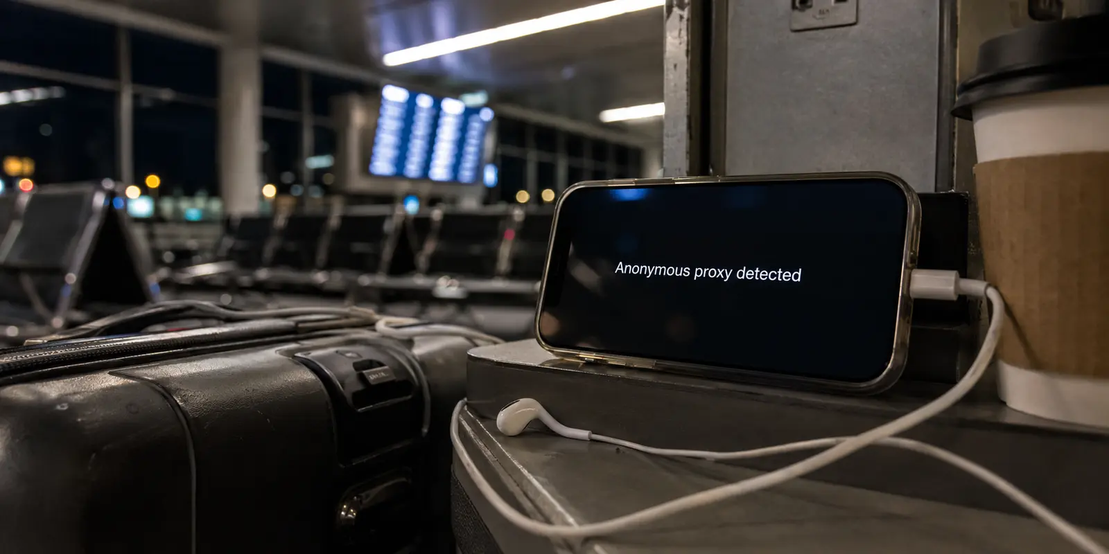 A phone at an airport gate displays an anonymous proxy warning while traveling