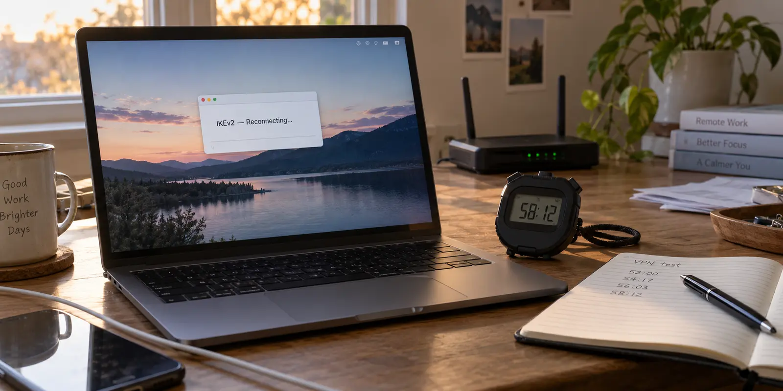An IKEv2 connection reconnecting at 58 minutes while a stopwatch records the drop