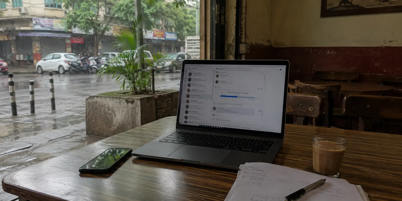 A laptop in a Pune café showing a stalled messaging-app download beside a phone and client presentation notes.