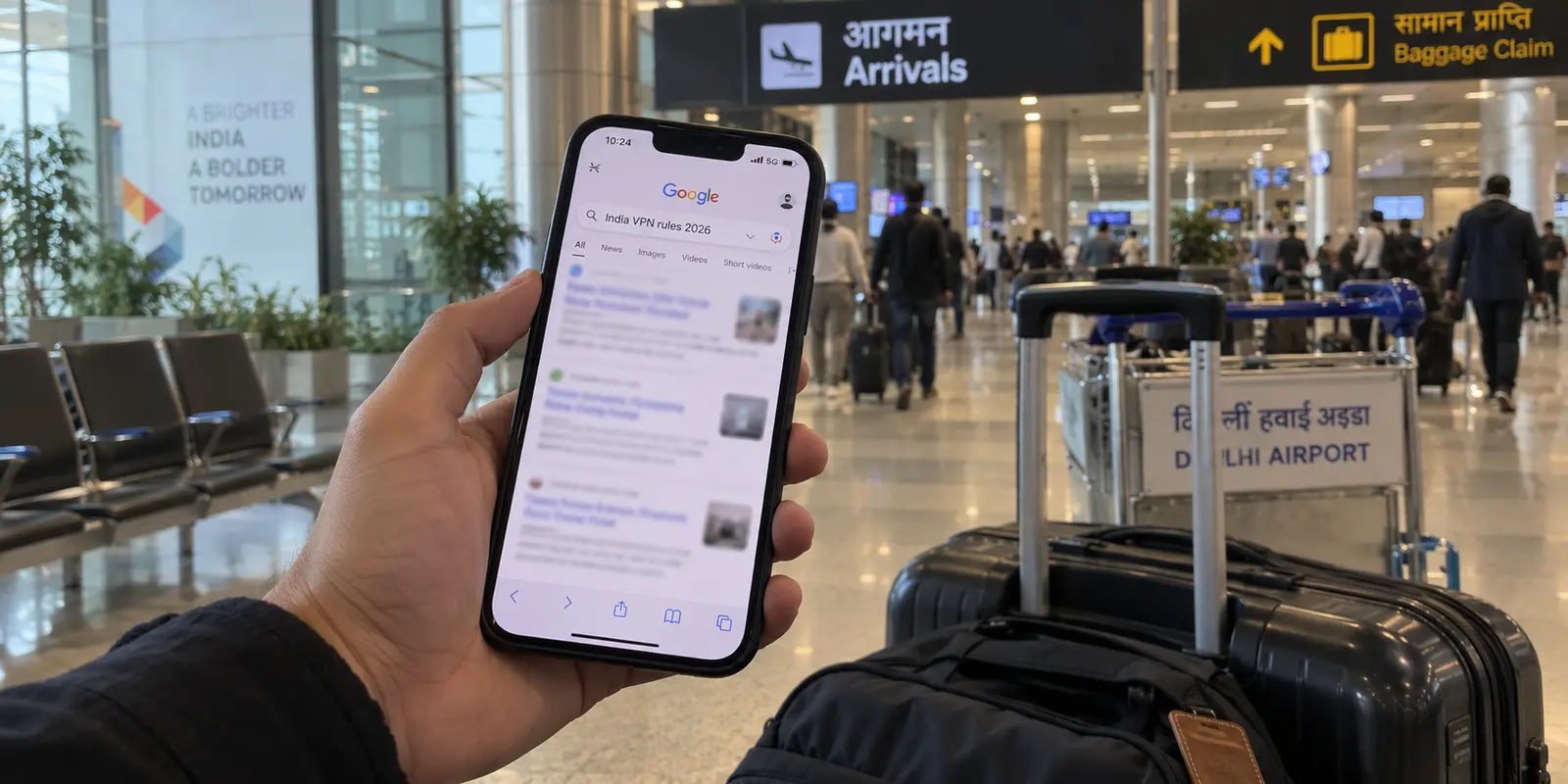 A traveler at Delhi airport searching a phone for India VPN rules in 2026