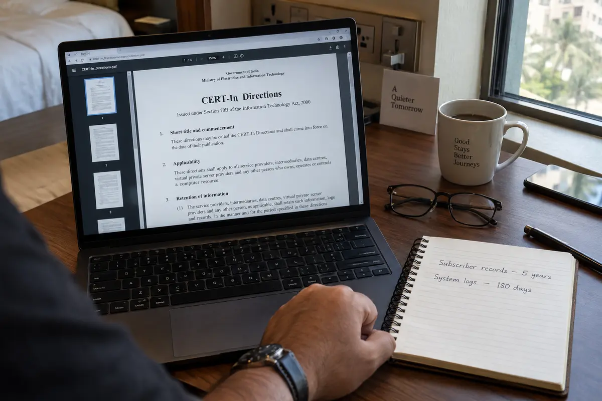 A traveler reading CERT-In directions beside notes distinguishing five-year subscriber records from 180-day system logs