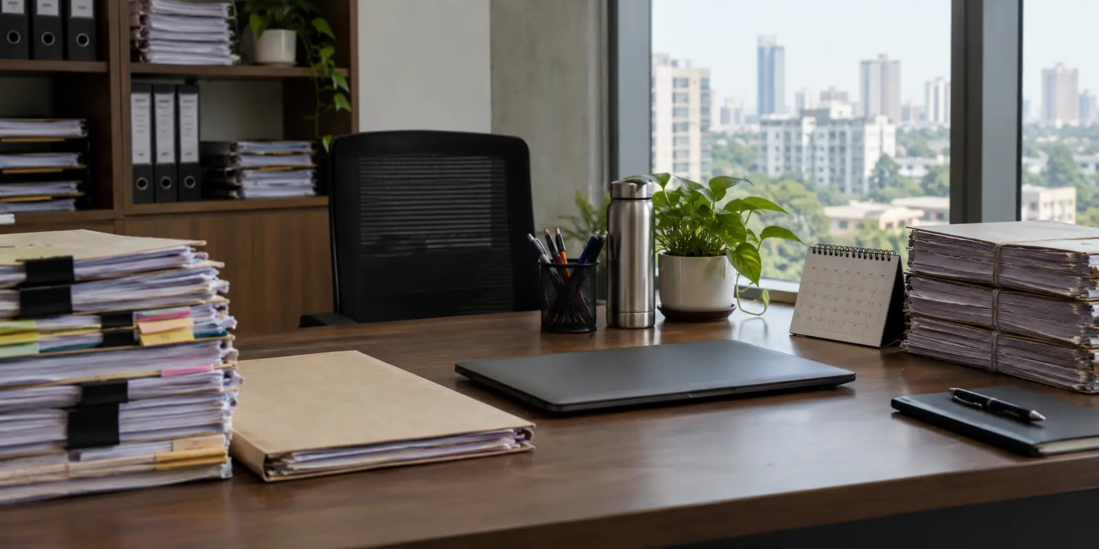 Compliance records and a calendar in a modern Indian office