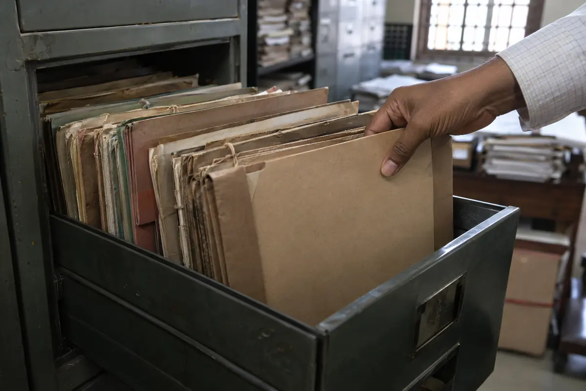A records clerk placing a folder into a long-term archive drawer