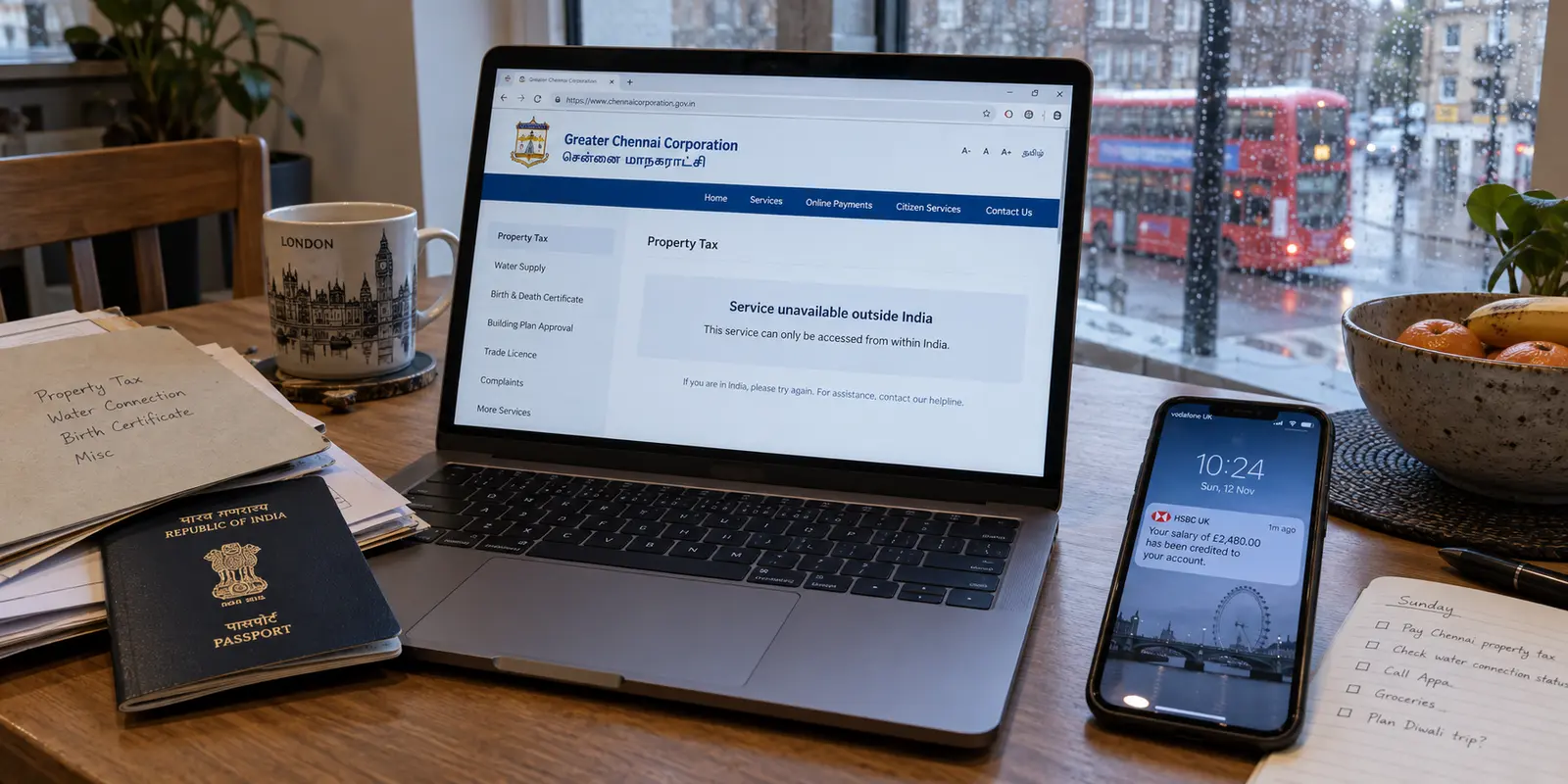 An Indian municipal service reports that it is unavailable outside India on an NRI’s laptop in London