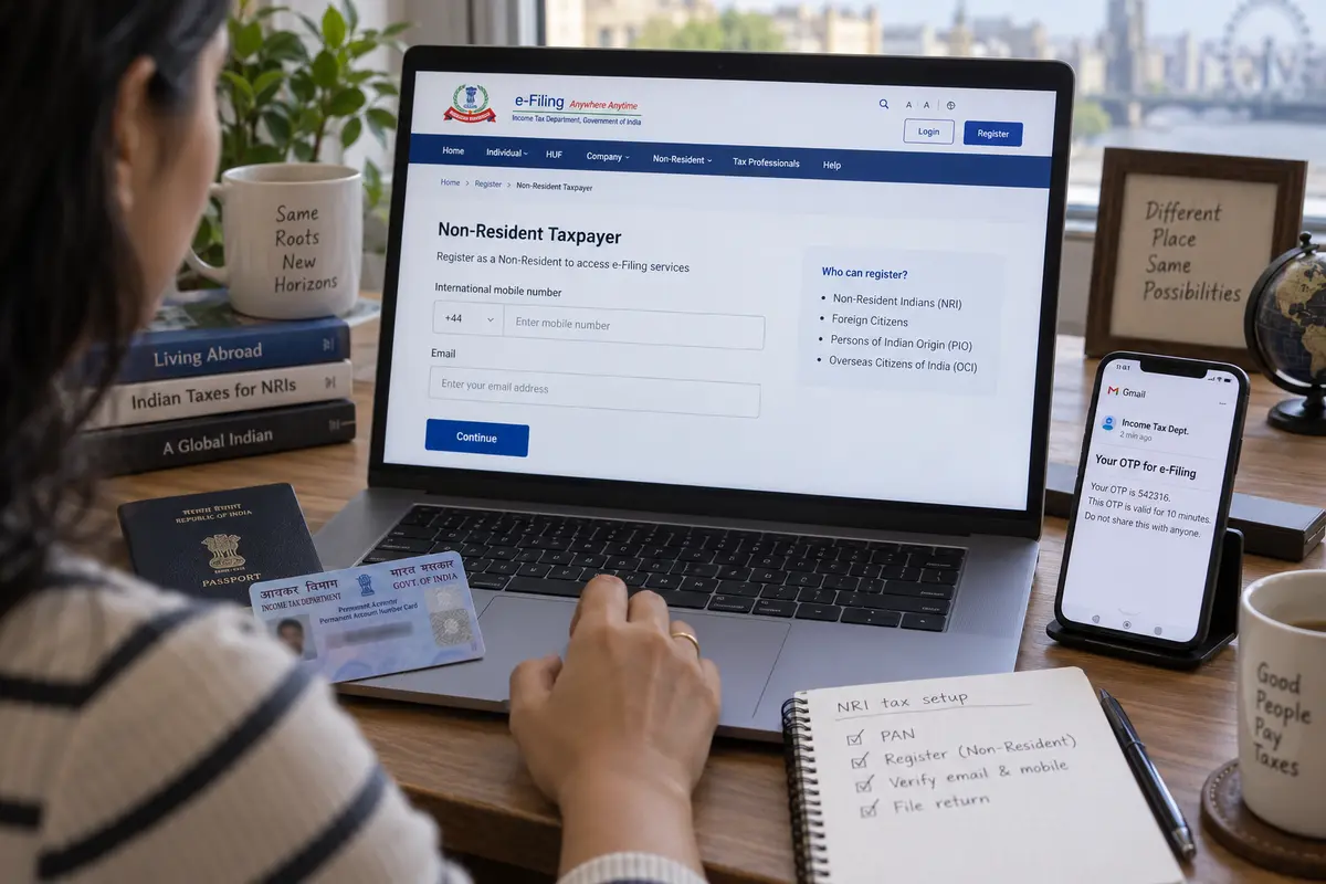 An overseas Indian registers through the official non-resident taxpayer page using an international number and email OTP