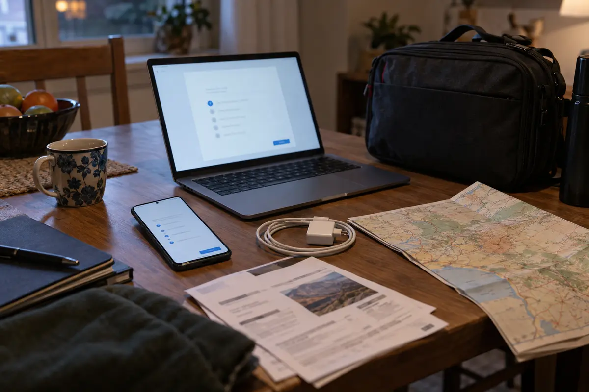 Clean travel devices and offline essentials prepared before departure