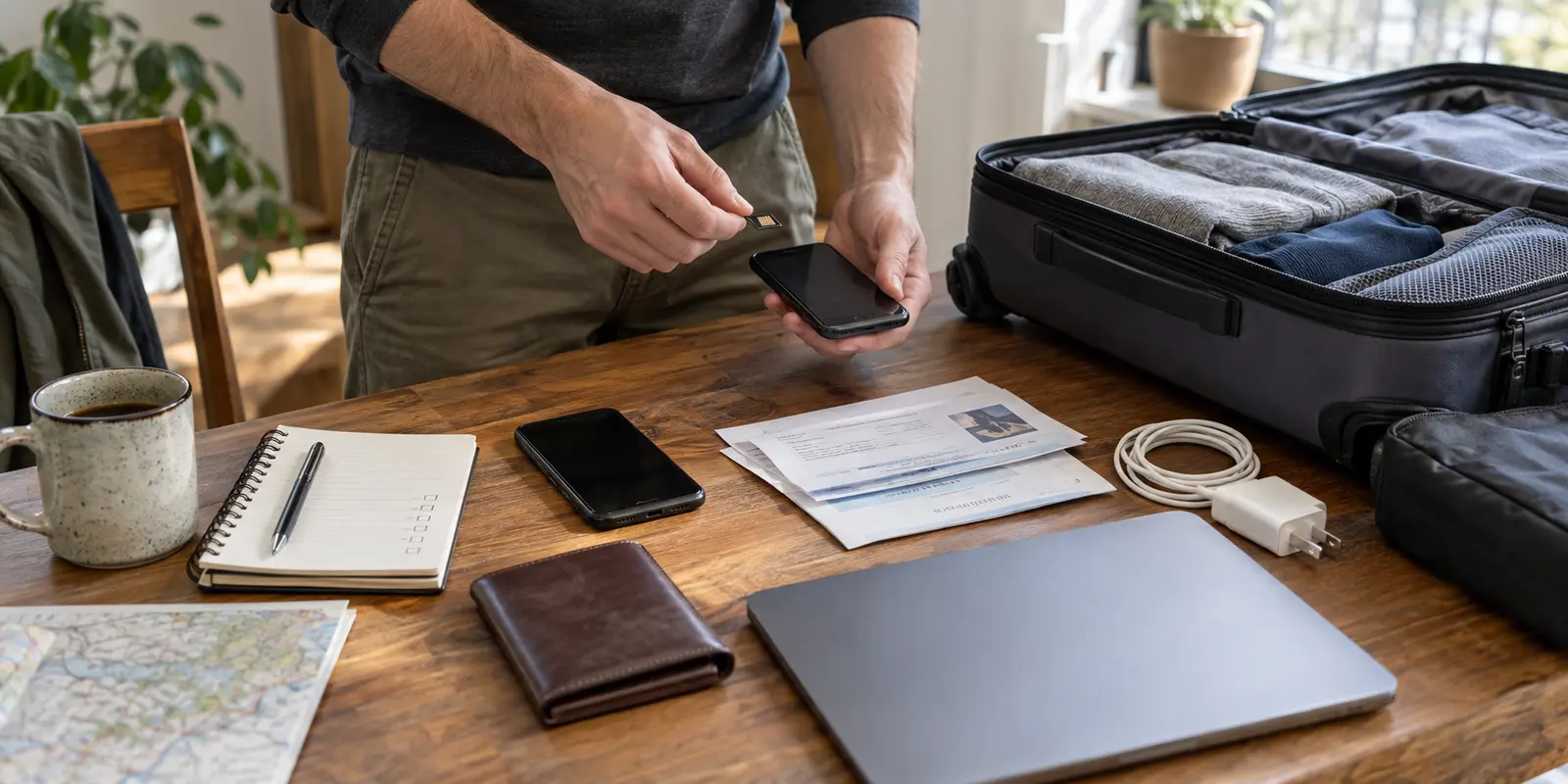A traveler prepares a spare phone and laptop beside an open suitcase
