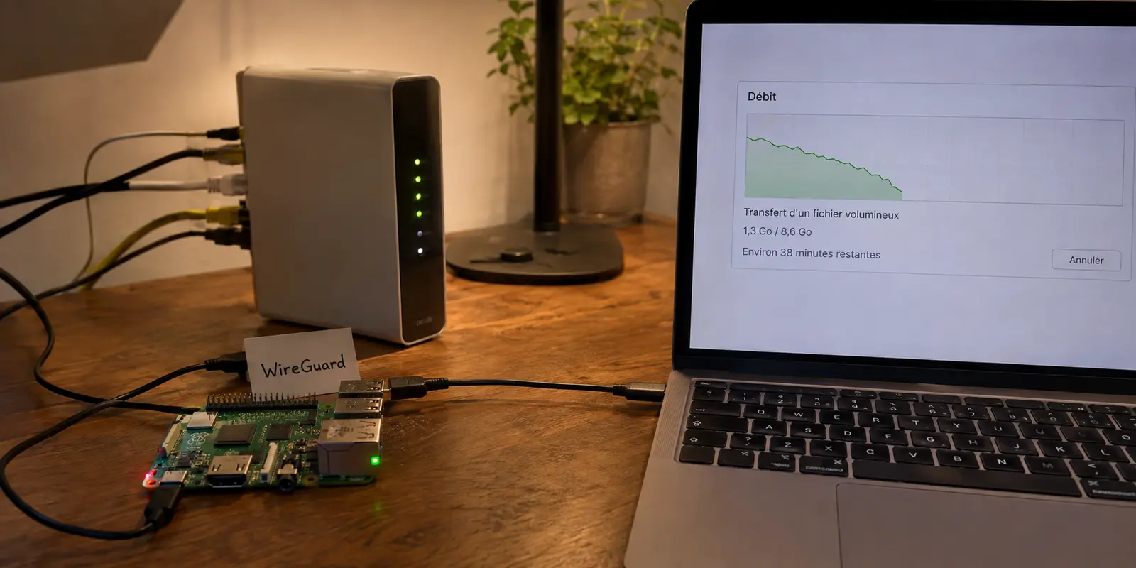 Une Freebox et un Raspberry Pi comparés pendant un transfert WireGuard