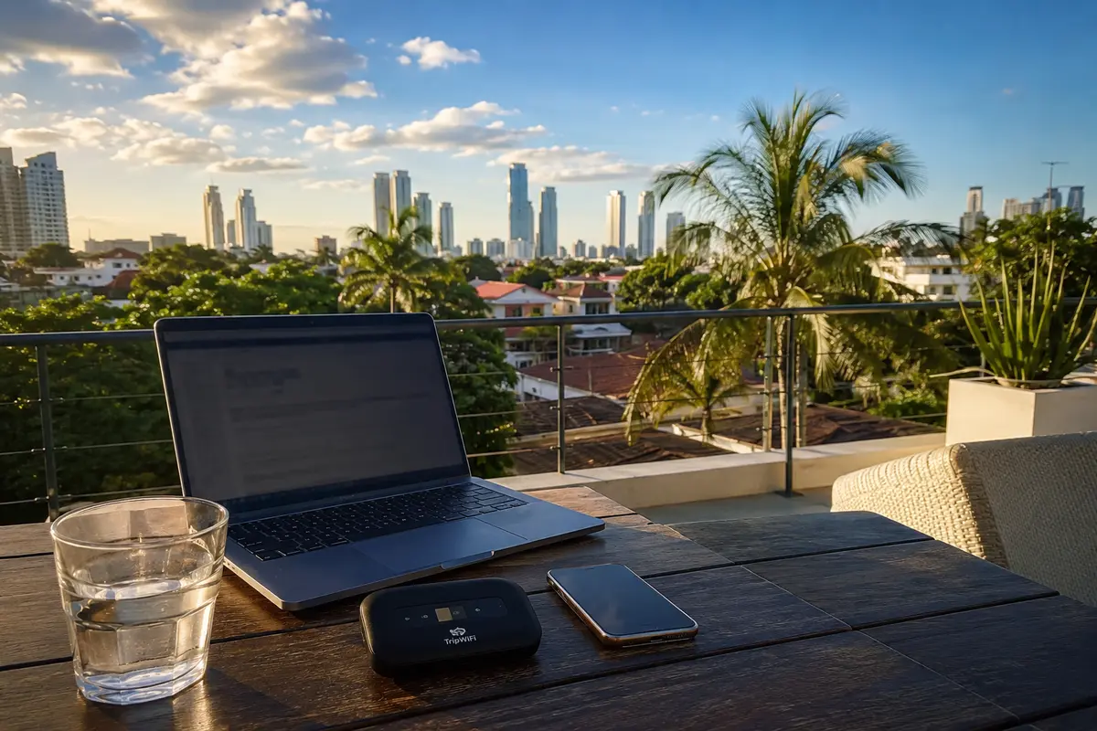 Computador e telefone usados juntos em uma conexão de viagem