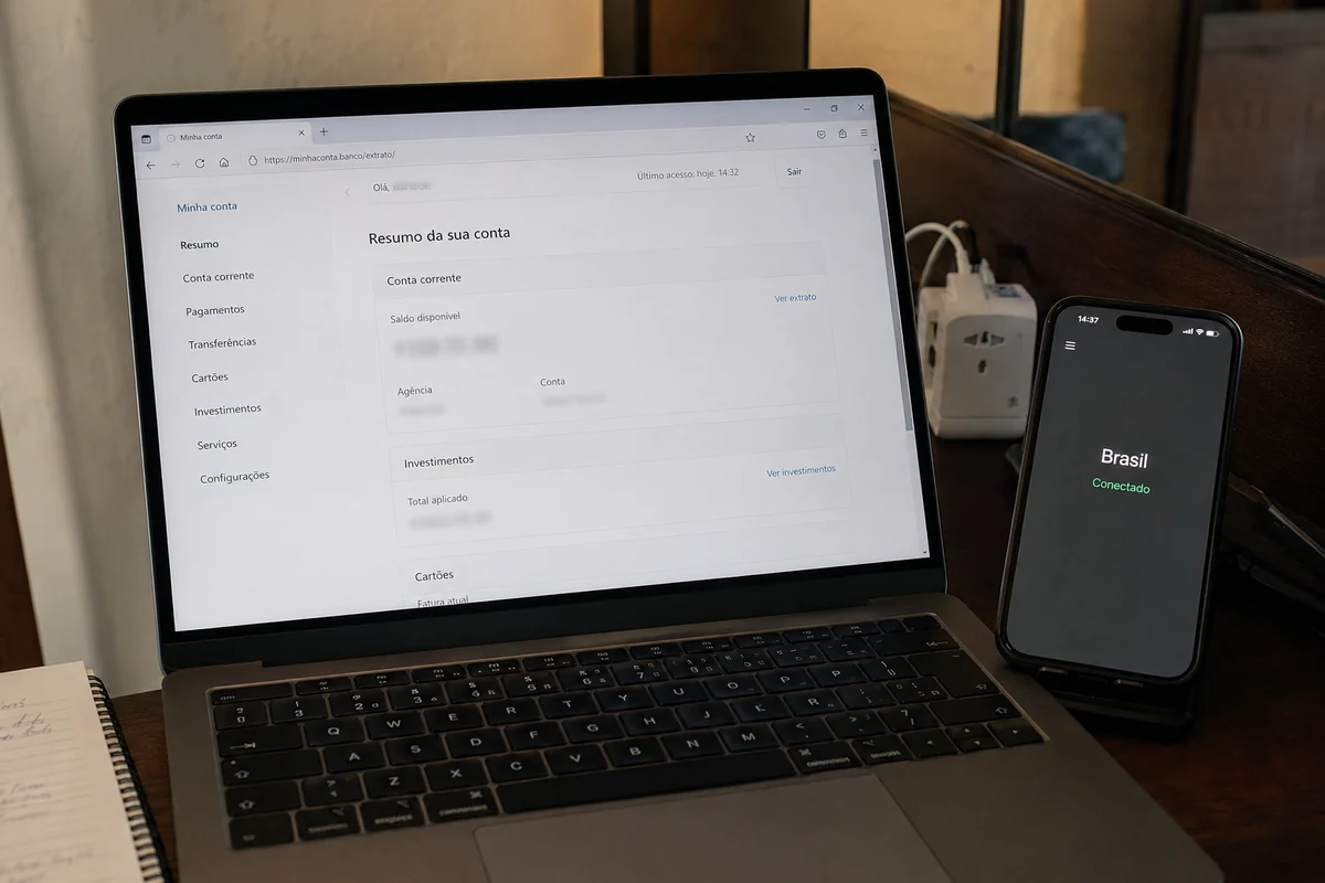 Conta bancária aberta no notebook com a rota brasileira conectada no celular