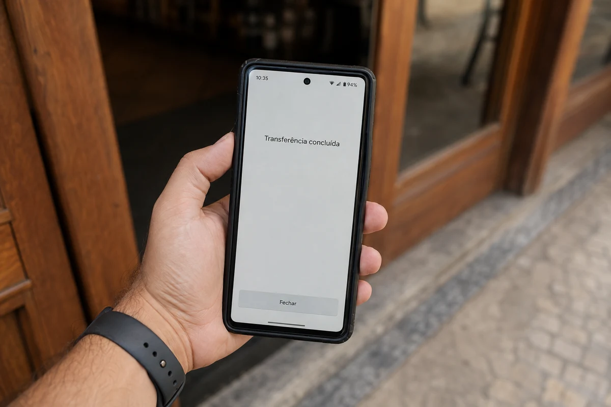 Uma pessoa segura um celular com a confirmação de que a transferência foi concluída.