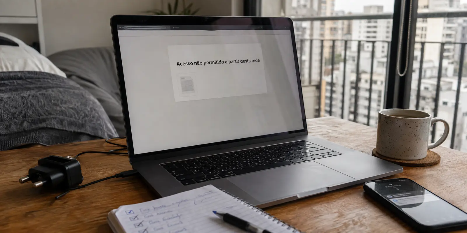 Um portal de trabalho exibe a mensagem de acesso não permitido a partir da rede em um notebook.