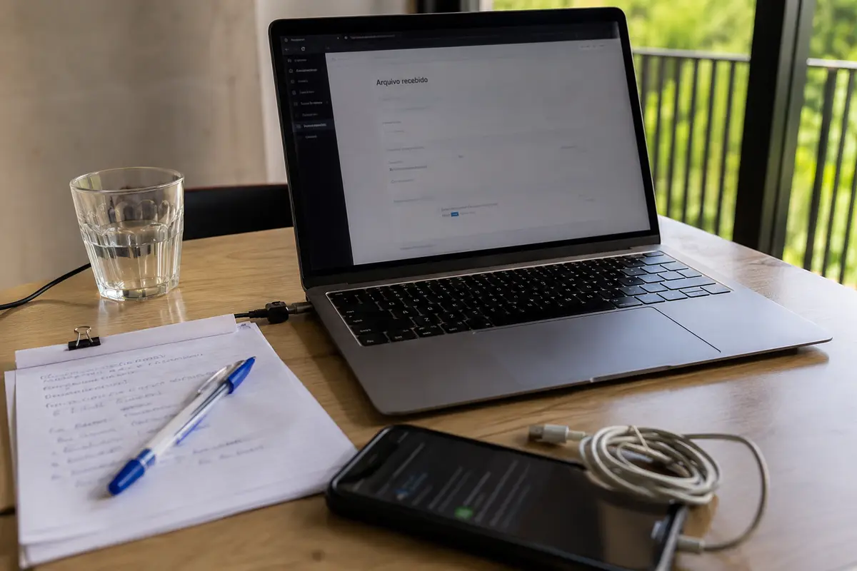 O portal de trabalho permanece aberto no notebook enquanto o telefone fornece uma conexão de hotspot.