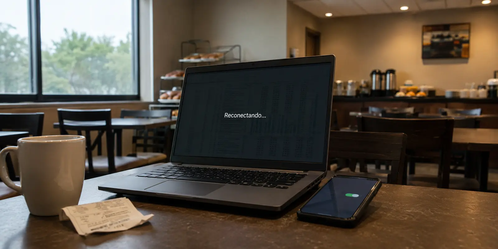 Notebook reconectando a uma sessão de trabalho ao lado de um celular com hotspot ativo em um hotel.