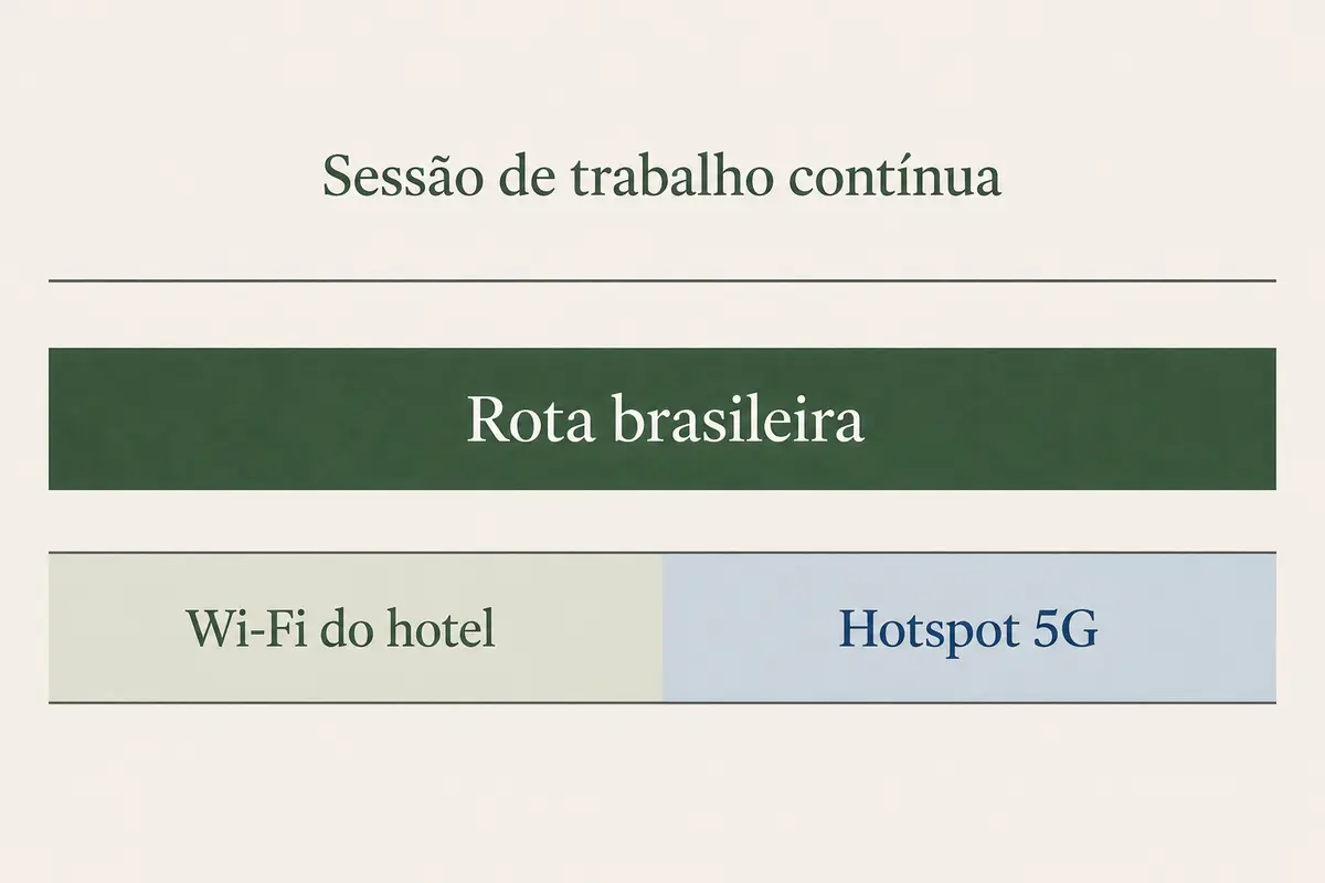 A rota brasileira permanece contínua enquanto a conexão muda do Wi-Fi do hotel para o hotspot 5G.