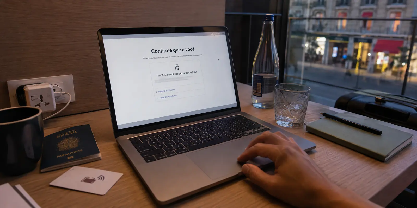 Viajante brasileiro diante de uma nova verificação de identidade em um notebook de hotel
