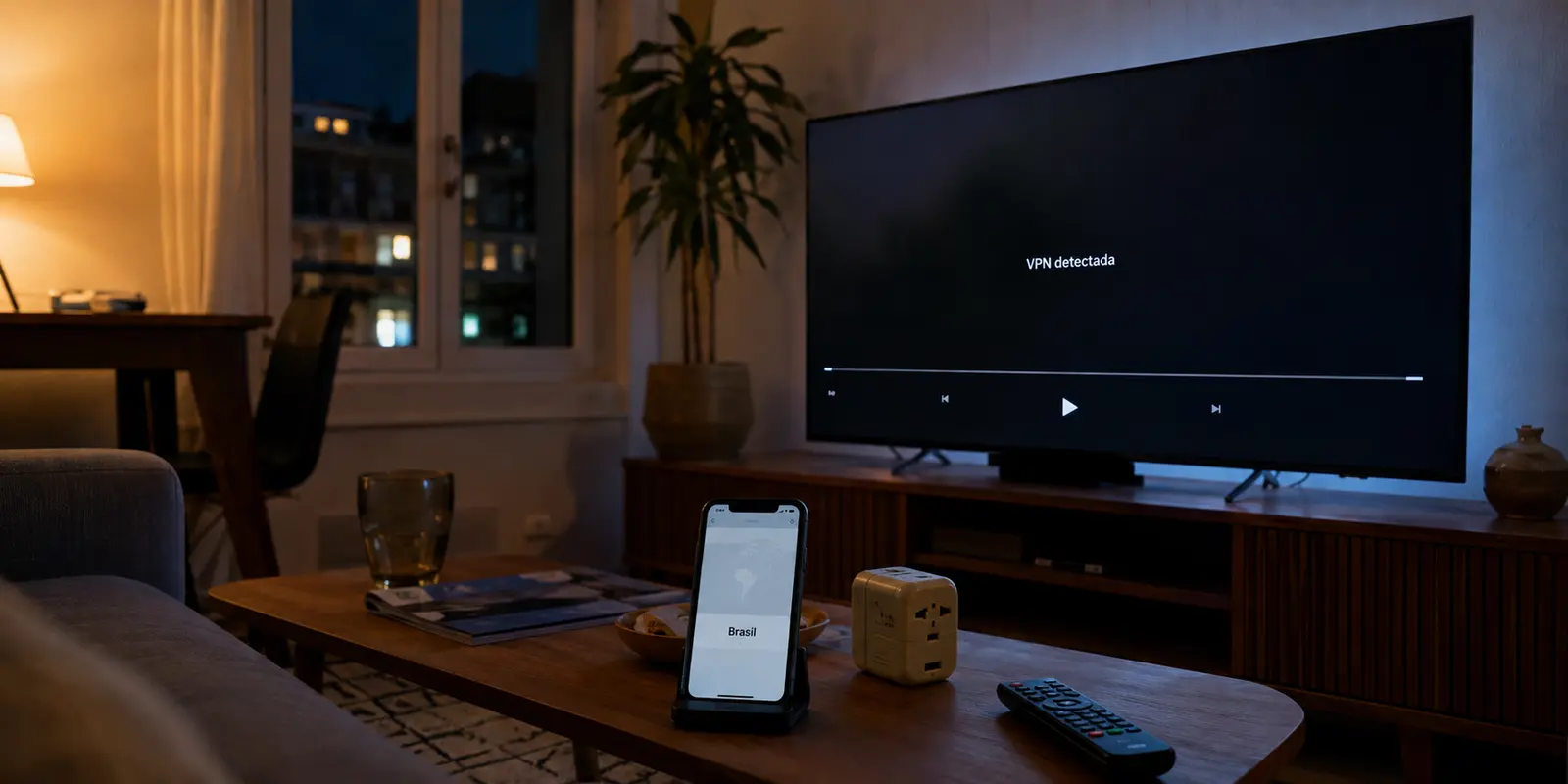 Televisor recusa uma conexão VPN enquanto um celular confirma que o endereço IP está no Brasil.