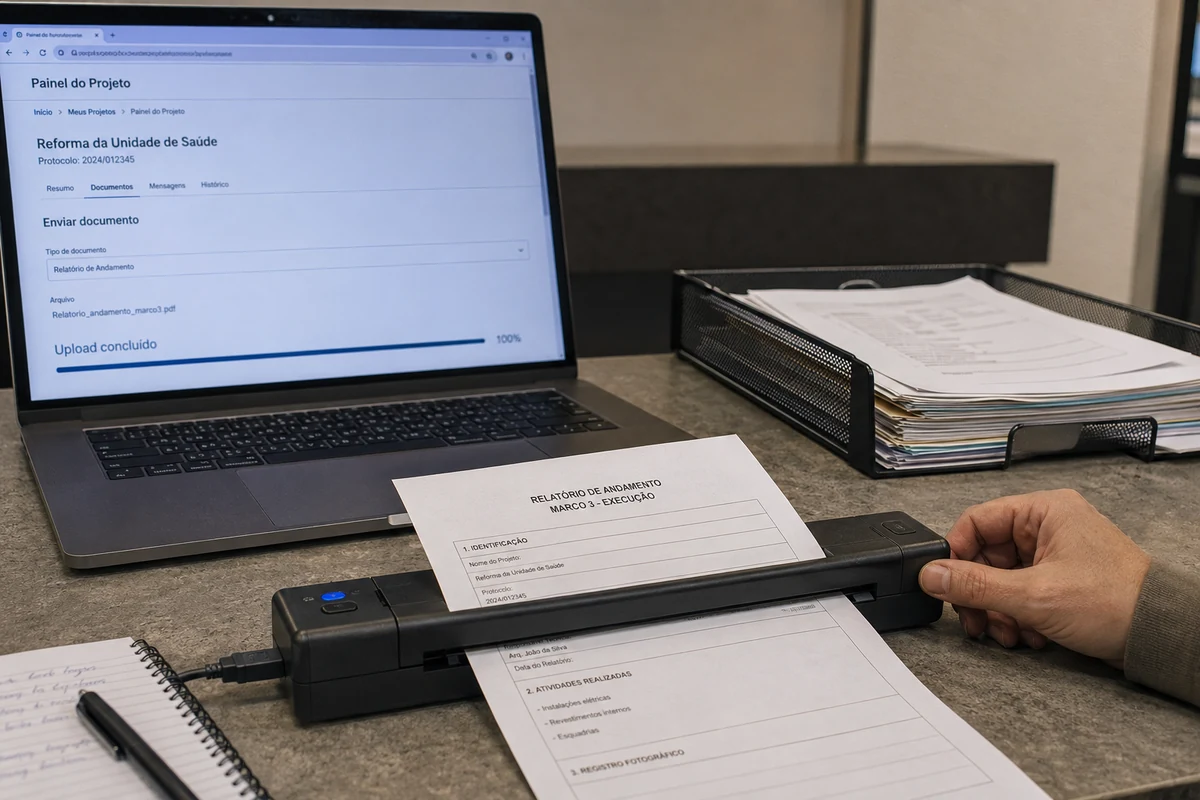 Documento sendo digitalizado enquanto o portal mantém a sessão e conclui o envio