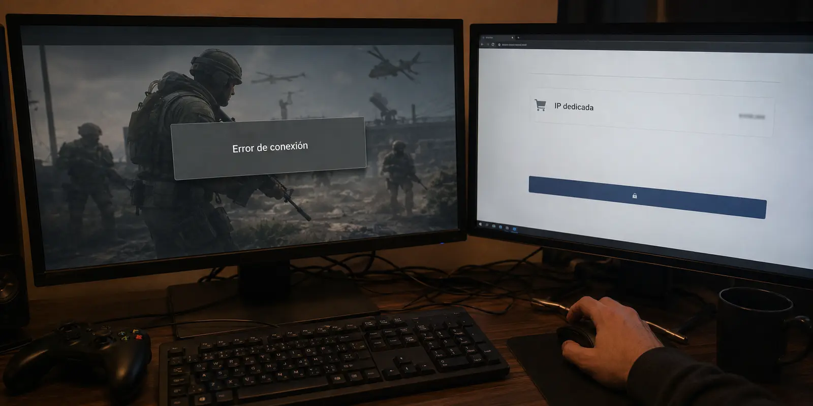 Un juego muestra un error de conexión mientras una IP dedicada espera en el carrito de compra