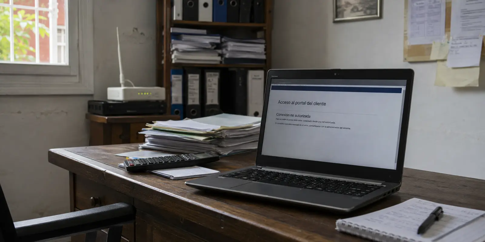 Un portátil en una oficina pyme muestra un portal de cliente que rechaza una conexión no autorizada