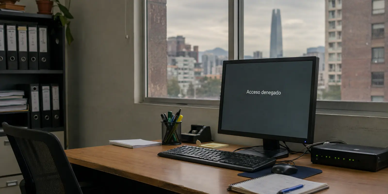 Un monitor de oficina muestra acceso denegado junto al equipo de red de una pequeña empresa en Santiago.