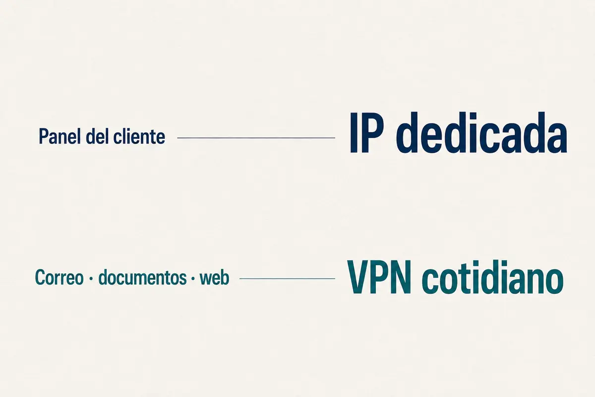 Dos rutas separan el panel del cliente mediante IP dedicada del correo, los documentos y la web mediante un VPN cotidiano.