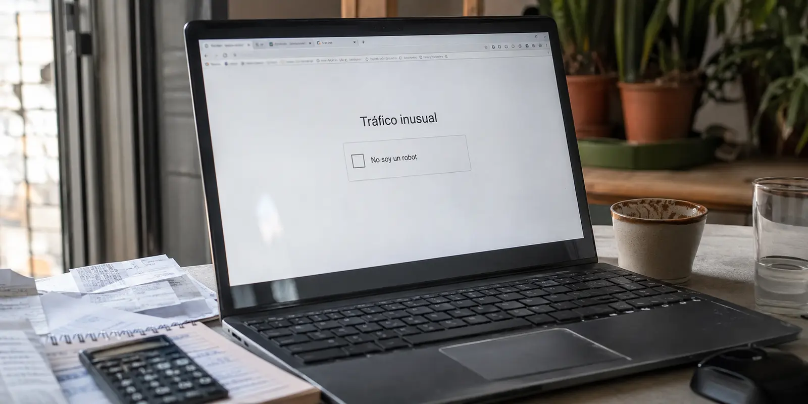 Un navegador interrumpe una sesión de trabajo con un aviso de tráfico inusual y una comprobación CAPTCHA.