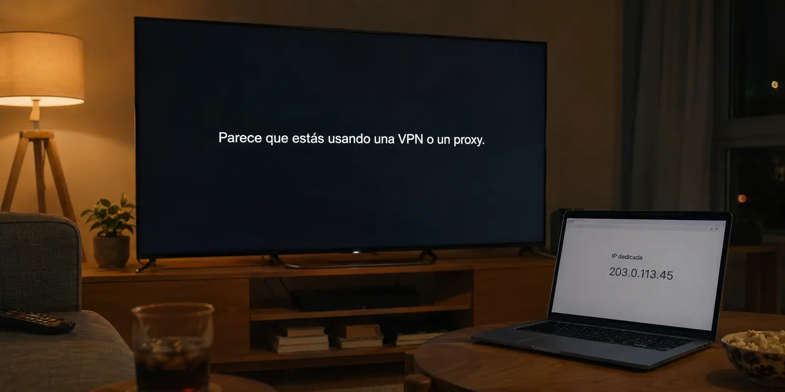 Un servicio de vídeo muestra un aviso de VPN o proxy aunque el portátil confirma una IP dedicada