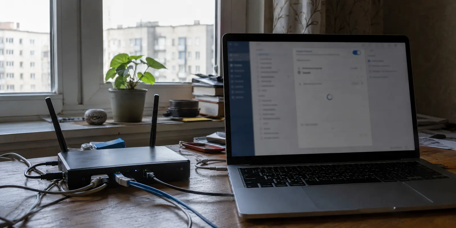 Router de viaje conectado a un portátil mientras el túnel VPN queda intentando conectar