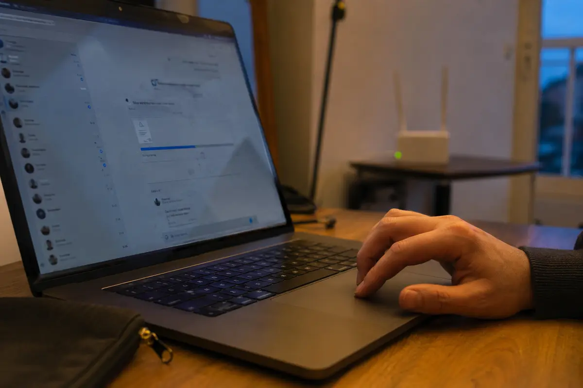 Descarga de un archivo de trabajo en el portátil con el router encendido al fondo