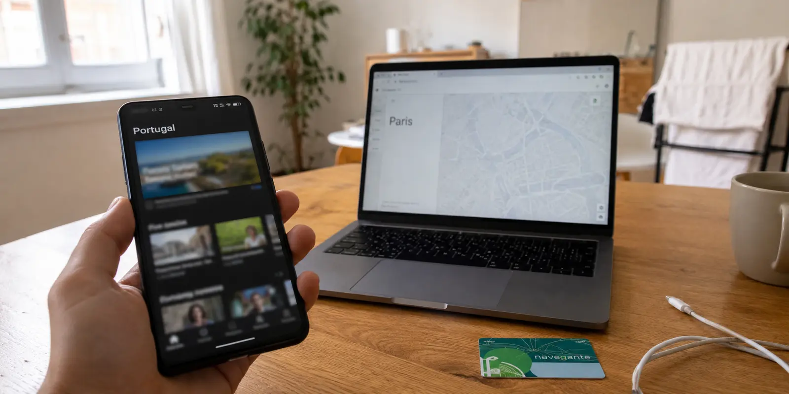 Un téléphone affiche encore le catalogue portugais tandis qu’un ordinateur situe la connexion à Paris