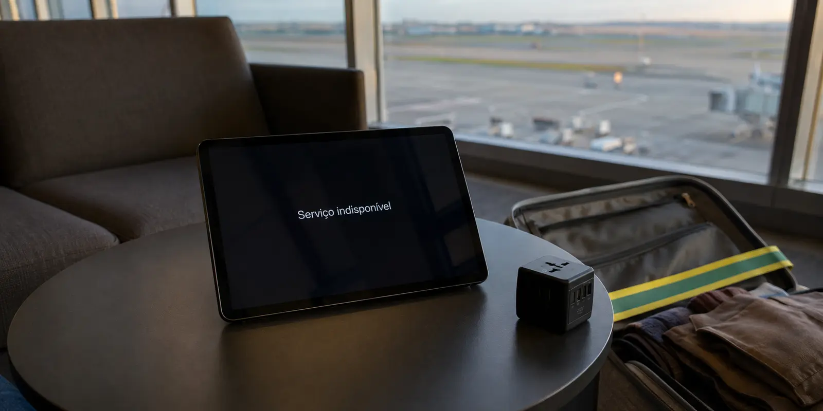 Tablet em uma sala de espera de aeroporto exibindo a mensagem ‘Serviço indisponível’ durante uma viagem.