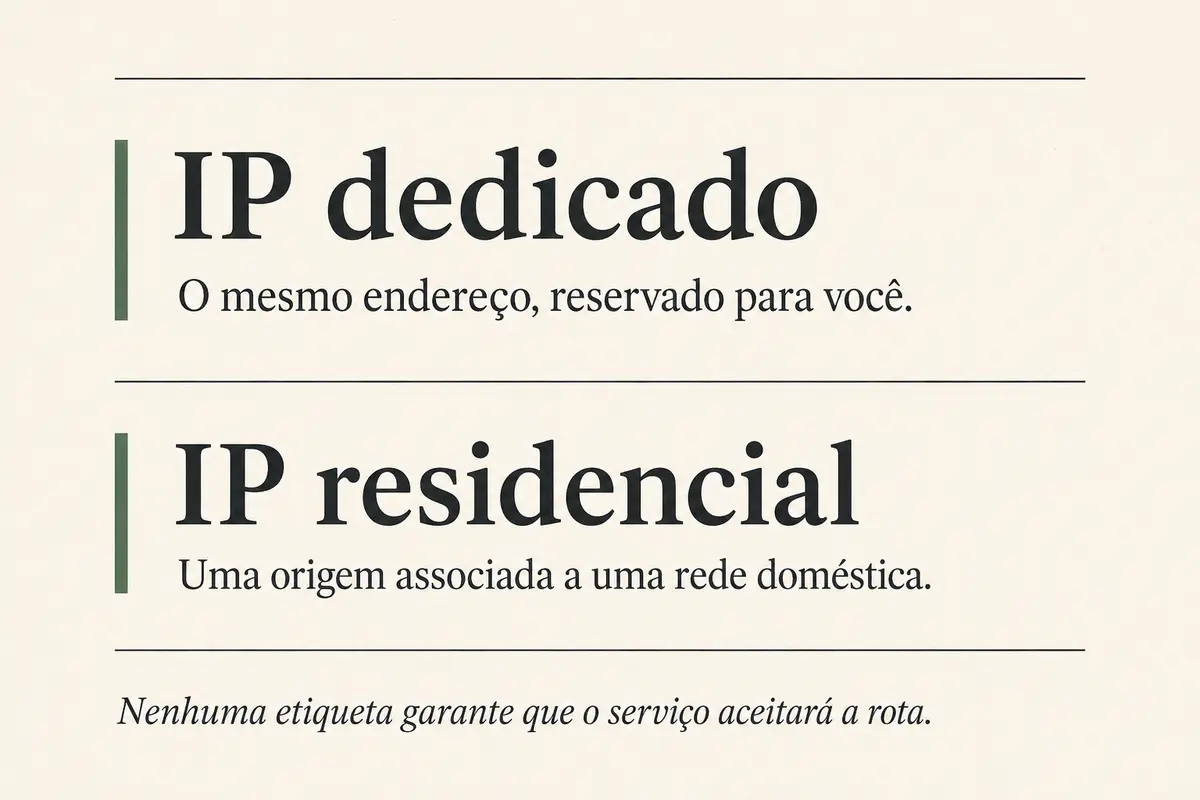 Comparação entre IP dedicado, que reserva o mesmo endereço, e IP residencial, que descreve a origem da rede.
