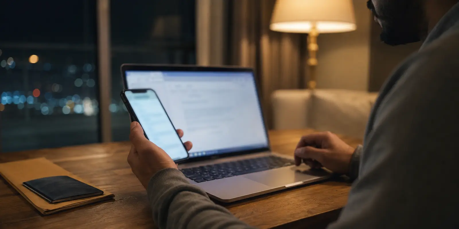 مسافر يوافق على طلب Mobile ID في هاتفه بينما ينتظر الحاسوب