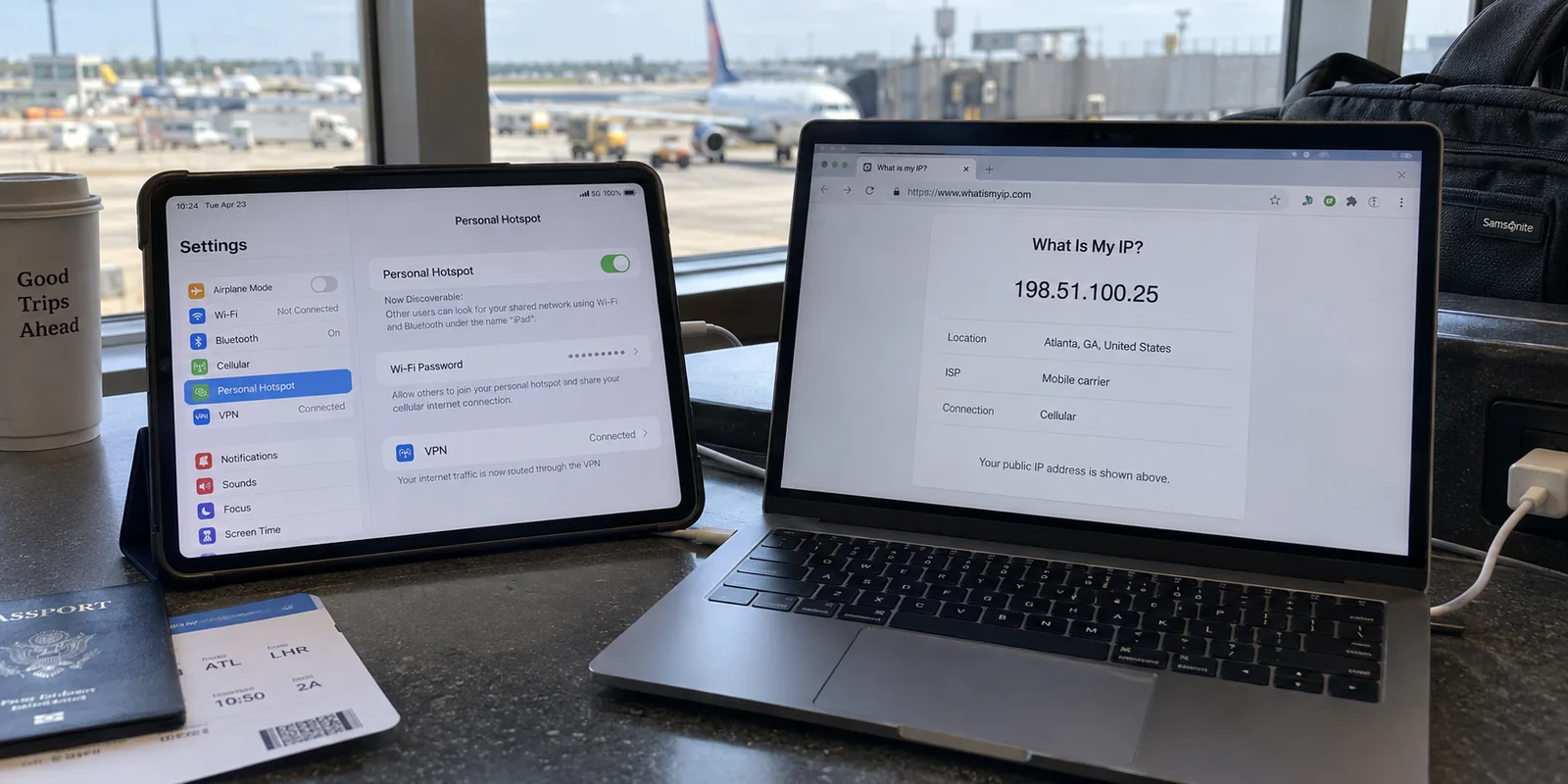 An iPad hotspot has VPN connected while the tethered laptop still reports a mobile-carrier public IP.