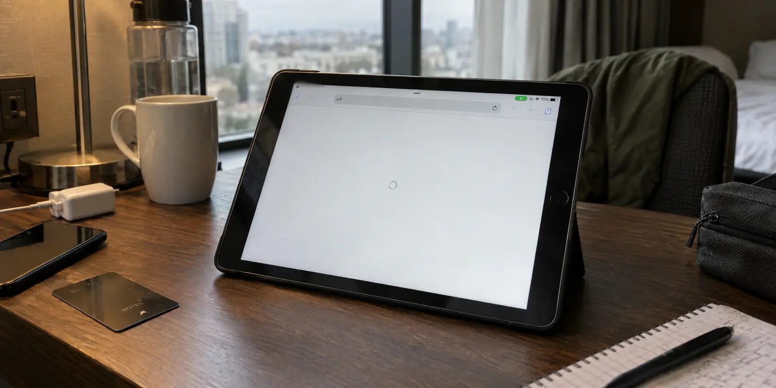 An iPad on a hotel desk with Safari stalled on a blank loading page while the VPN indicator remains active