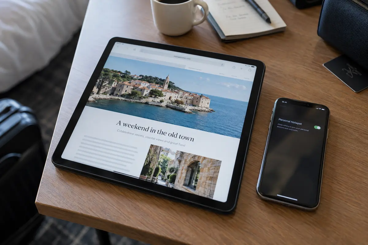 An iPad loading a normal webpage beside a phone with Personal Hotspot switched on