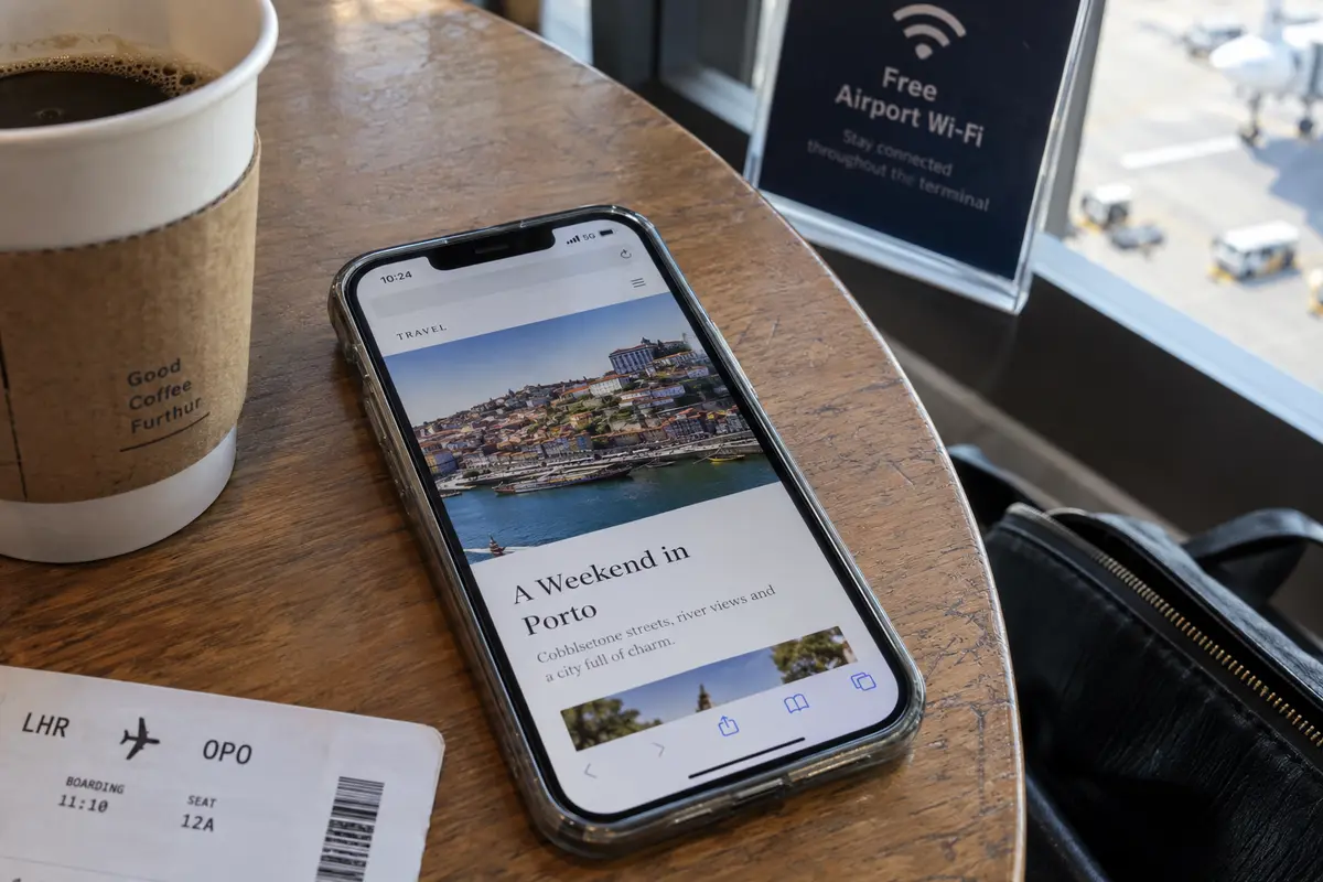 An iPhone loading a webpage over 5G on an airport café table beside a public Wi-Fi sign