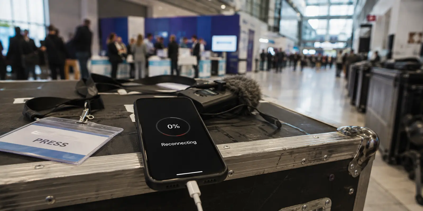 iPhone at a Berlin convention press area showing a video upload reset to zero while the VPN reconnects