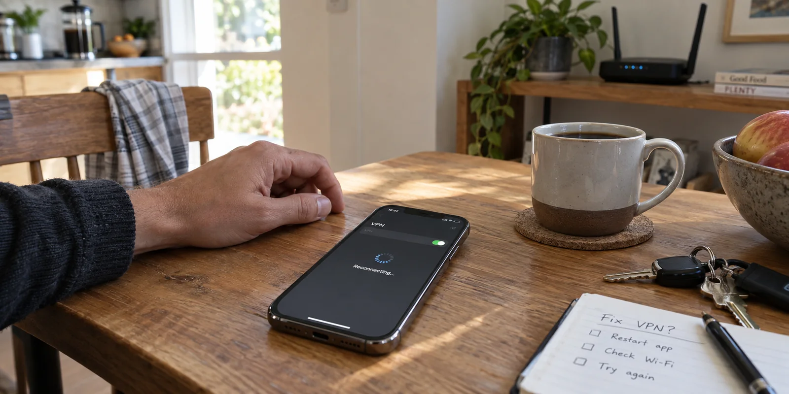 An iPhone remains on strong home Wi-Fi while its VPN repeatedly says Reconnecting.