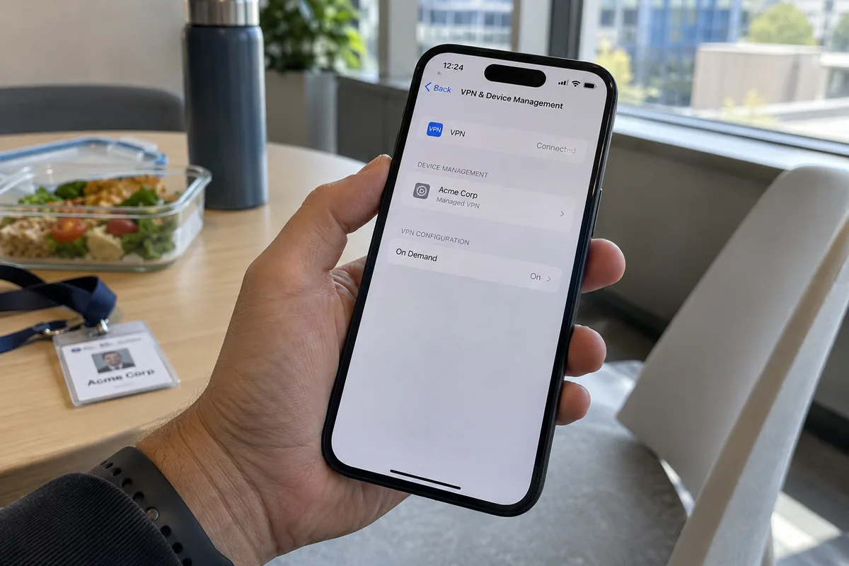 An iPhone displays an On Demand managed VPN configuration in VPN and Device Management settings.