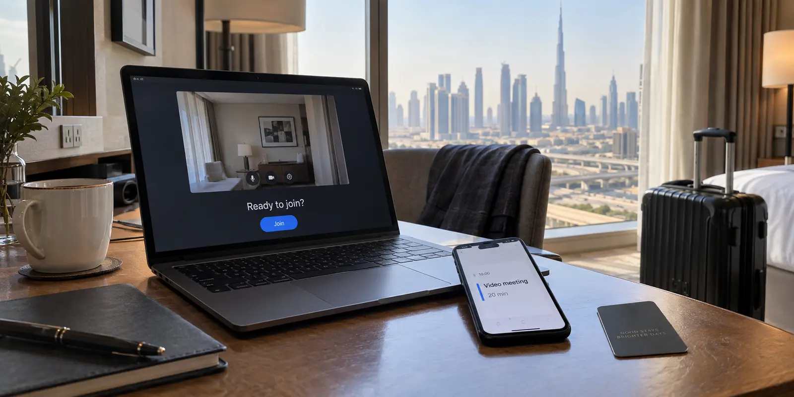 A Dubai hotel desk with a video meeting ready to join and twenty minutes remaining before the call