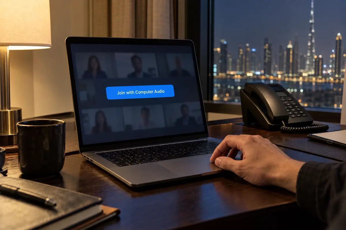 A Dubai hotel laptop offering Join with Computer Audio while the room telephone remains unused