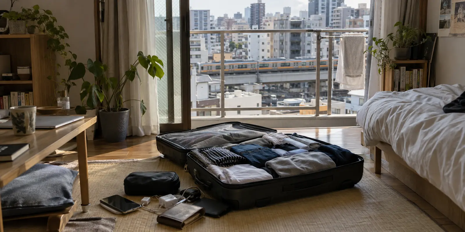 An open suitcase in a compact Tokyo apartment before an overseas move