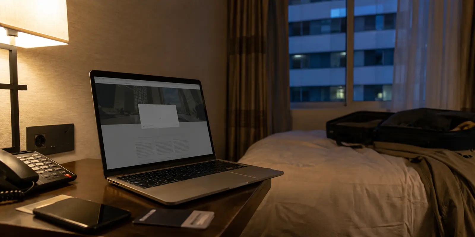 Ordinateur portable bloqué sur une page en chargement dans une chambre d’hôtel le soir