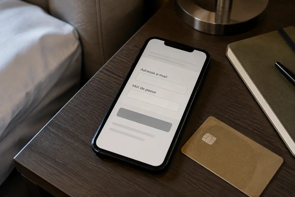Téléphone affichant un formulaire d’inscription à côté d’une carte de paiement dans une chambre d’hôtel