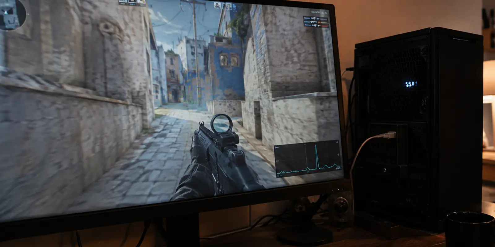Un ordinateur de jeu relié en Ethernet affiche une partie avec un pic soudain sur la courbe de latence